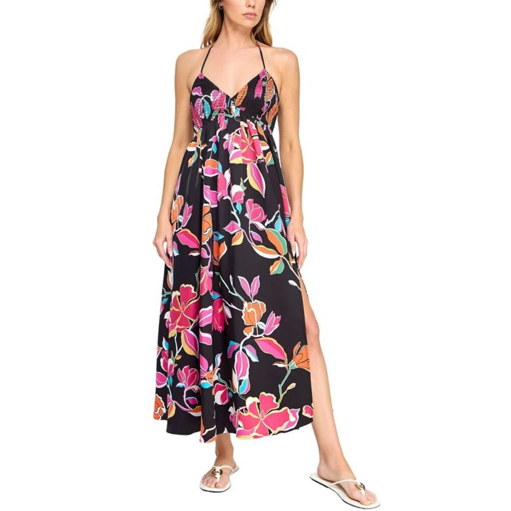 Invitee Juniors Printed Smocked-Bodice Slit-Front Maxi Dress XL Black - NWT